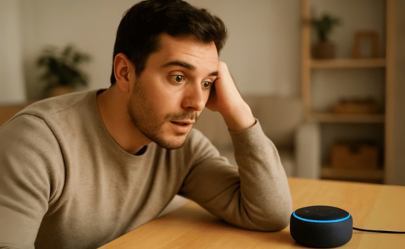 Uma pessoa em casa observa atentamente sua Alexa sobre a mesa, em um ambiente iluminado de forma suave e natural, transmitindo curiosidade e atenção