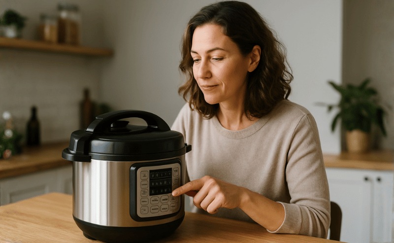 uma mulher ajustando uma panela de pressão elétrica em uma cozinha iluminada naturalmente, transmitindo um clima de curiosidade e cotidiano doméstico