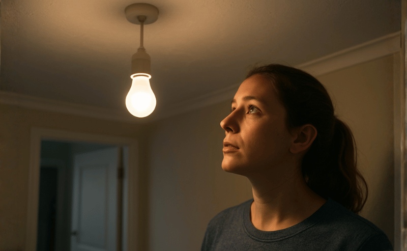 Uma lâmpada acesa no teto de uma residência, iluminando suavemente o ambiente e criando um clima de atenção e curiosidade, com foco no ponto de luz e no interior da casa