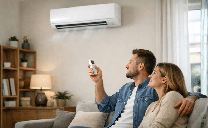 Sala bem iluminada com um ar-condicionado de parede ligado, distribuindo o ar de forma suave e uniforme no ambiente