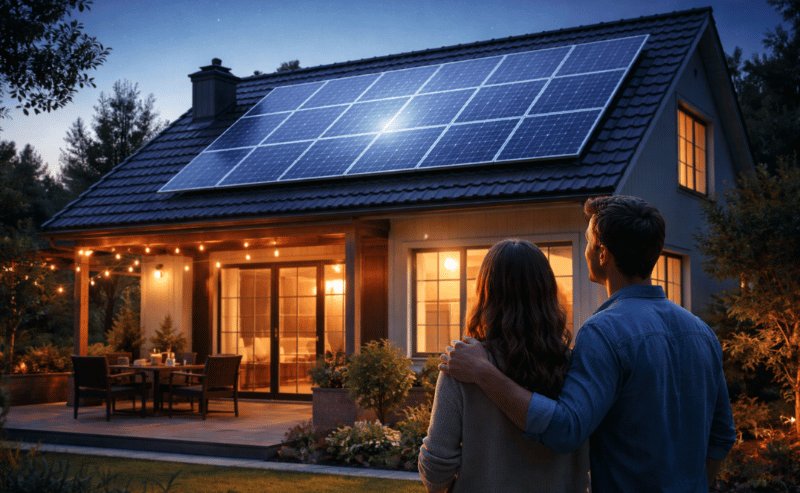 Casa moderna com painéis solares no telhado durante a noite, iluminada por luzes internas quentes, com um casal observando o ambiente externo, transmitindo conforto, sustentabilidade e eficiência energética mesmo sem sol