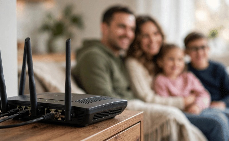 roteador de internet em foco nítido em primeiro plano e família feliz assistindo TV desfocada ao fundo