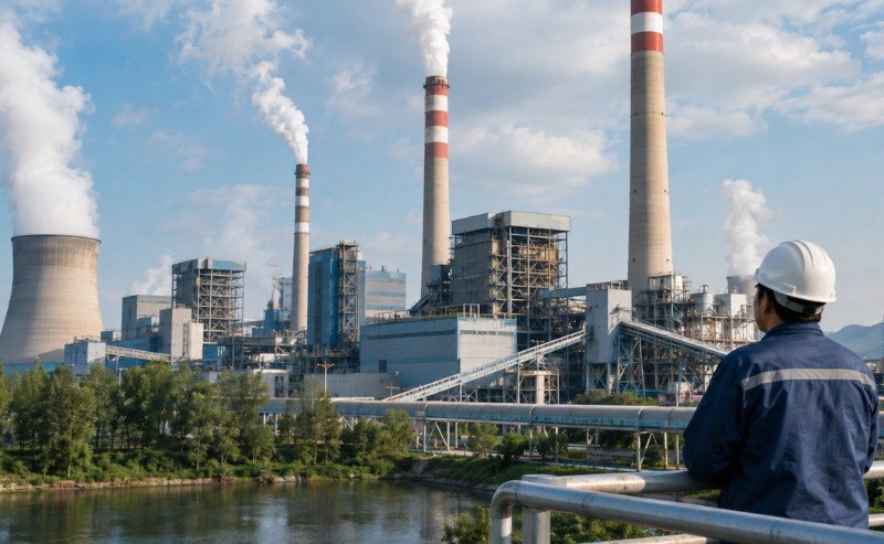 Uma usina termelétrica em funcionamento, com grandes chaminés, torres de resfriamento e estruturas industriais, enquanto um trabalhador observa o complexo. A cena transmite escala, tecnologia e produção de energia em um ambiente realista
