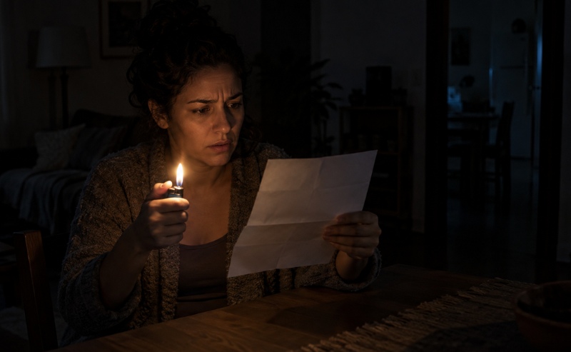 Pessoa confere uma conta de luz em casa, iluminando o documento com um isqueiro enquanto o ambiente permanece no escuro por falta de energia