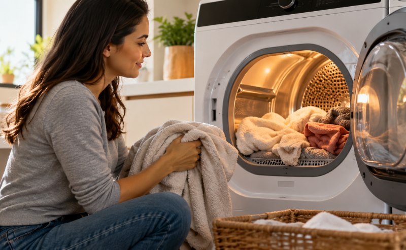 descreva de forma breve
Uma mulher ajoelhada ao lado de uma secadora de roupas ligada, em uma lavanderia iluminada, organizando peças com aparência de conforto e rotina doméstica.